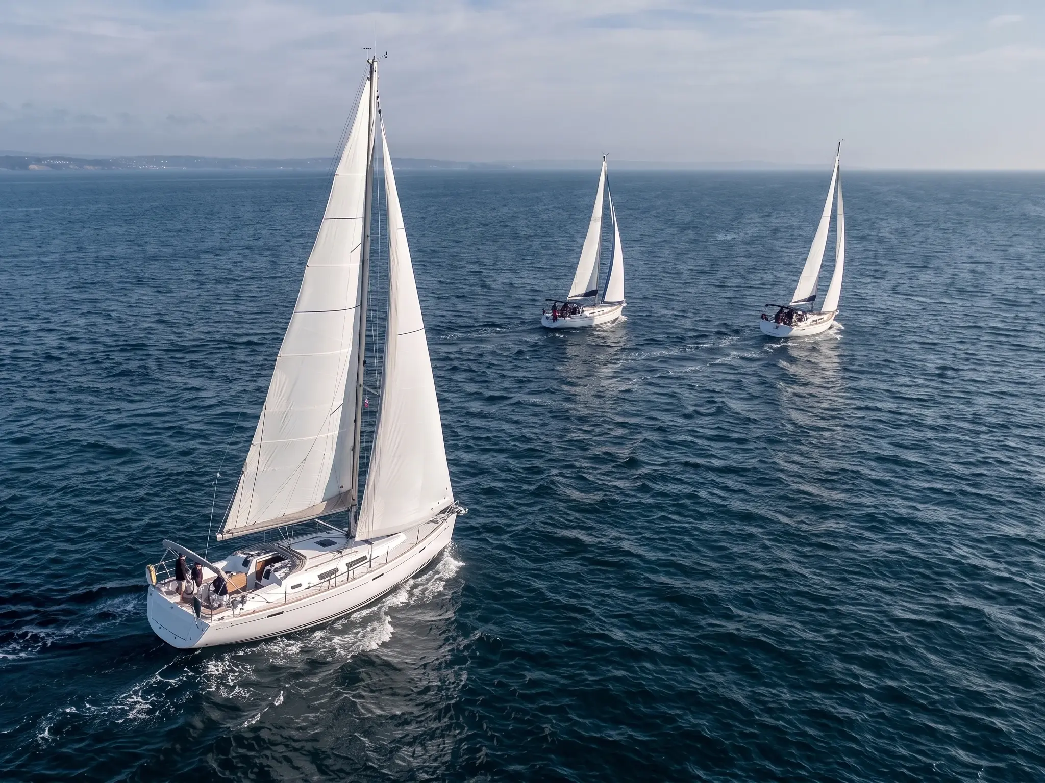 Trois voiliers naviguant sur une mer bleue, illustration générée du futur réseau collaboratif WindWatch